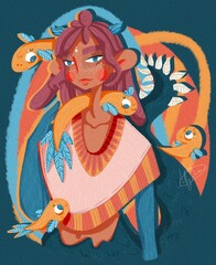 A girl with purple hair. A fantasy girl. A girl with fish. Flying fish and an ethnic girl in pastel colors. Fantastic water woman with magical animals.