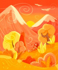 Illustration of a mountain landscape and trees with a girl and a cat. The Cat and the Girl play the guitar among the mountains in nature. Dawn in the mountains in warm bright colors. Orange sunset win