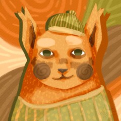 The cat's head is in a hat and a sweater in autumn pastel warm colors. A cat in warm clothes on a bright background. Cute lynx with cheeks and ears in cartoon style. character of the animal rad cat. 