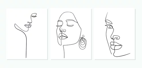 Crédence de cuisine en verre imprimé Une ligne Set of portraits. Simple, minimalist vector illustration of beautiful woman face. Line drawing.