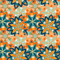 Colorful abstract floral texture, ornate seamless pattern in oriental style, raster version. Good for boho chic fashion print, wallpaper, surface decor and more