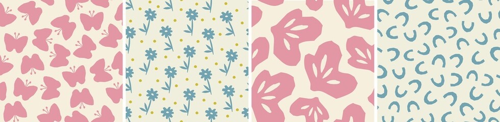 Set of vector seamless patterns. Floral and abstract shapes