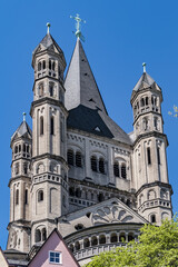 Obraz premium The Great Saint Martin Church (Gross Sankt Martin) foundations (circa 960 AD) rest on remnants of a Roman chapel. The church was later transformed into a Benedictine monastery. Cologne, Germany.