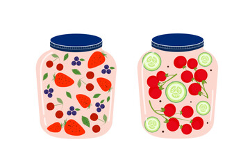 Homemade jars of preserving the fruit and vegetables. Set of glass jars with preserved vegetables, stewed fruits and berry jams. Autumn harvest season. Vector