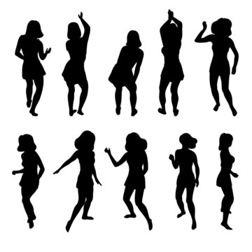 Short skirt women dancing black silhouettes. Set of moving disco girl shapes. Party abstract poses. Vector illustration for flyer, poster, card, holiday concept.