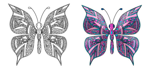  Set butterfly. Coloring page for adults antistress in zentangle style. Vector illustration isolated on white background. EPS10.