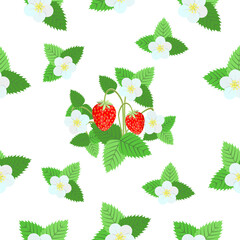 Cute seamless pattern of strawberry berries with leaves and flowers on a white background.Vector pattern for textiles.wrappers,paper,food packages,tea.