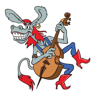 Vector image of a musical donkey, isolated on white. Funny character donkey plays double bass. Multicolored drawing of a cartoon donkey musician.
