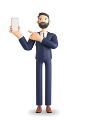 3D avatar Businessman pointing at his cellphone, 3d avatar in office dress, men in beard, empty cellphone screen,