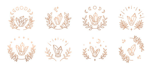 Moon crystal, line art vector logo. Boho golden crystal clipart