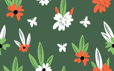 Seamless floral pattern based on traditional folk art ornaments. Colorful flowers on color background. Scandinavian style. Sweden nordic style. Vector illustration. Simple minimalistic pattern