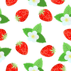 Cute seamless pattern of strawberry berries with leaves and flowers on a white background.Vector pattern for textiles.wrappers,paper,food packages,tea.