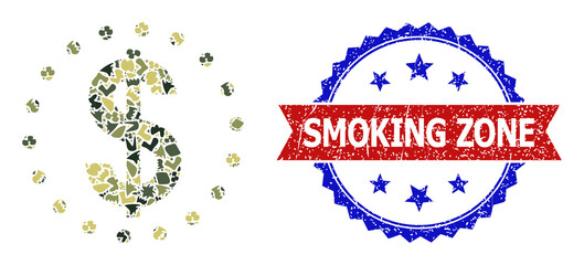 Military camouflage mosaic of dollar zone icon, and bicolor grunge Smoking Zone seal. Vector imprint with Smoking Zone caption inside red ribbon and blue rosette, scratched bicolored style.