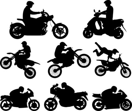 motorcyclist silhouettes set, icons - vector