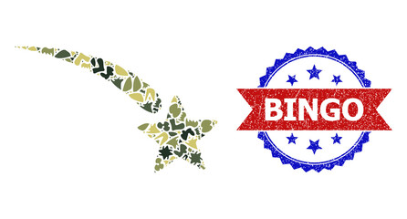 Military camouflage mosaic of falling star icon, and bicolor unclean Bingo seal. Vector seal with Bingo caption inside red ribbon and blue rosette, grunge bicolored style.