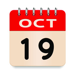 19 day of the month. October. Flip old formal calendar. 3d daily icon. Date. Week Sunday, Monday, Tuesday, Wednesday, Thursday, Friday, Saturday. Cut paper. White background. Vector illustration.