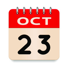 23 day of the month. October. Flip old formal calendar. 3d daily icon. Date. Week Sunday, Monday, Tuesday, Wednesday, Thursday, Friday, Saturday. Cut paper. White background. Vector illustration.