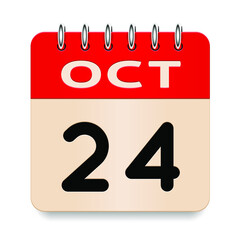 24 day of the month. October. Flip old formal calendar. 3d daily icon. Date. Week Sunday, Monday, Tuesday, Wednesday, Thursday, Friday, Saturday. Cut paper. White background. Vector illustration.