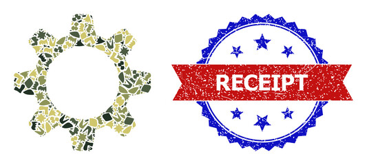Military camouflage mosaic of cogwheel icon, and bicolor dirty Receipt seal. Vector watermark with Receipt caption inside red ribbon and blue rosette, distress bicolored style.
