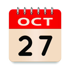 27 day of the month. October. Flip old formal calendar. 3d daily icon. Date. Week Sunday, Monday, Tuesday, Wednesday, Thursday, Friday, Saturday. Cut paper. White background. Vector illustration.