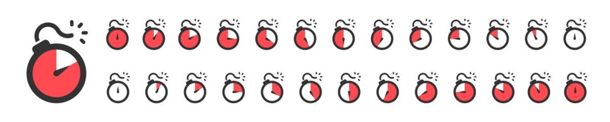 Time bomd icon set. Bomb stopwatch illustration. Timer ticking sign in vector flat