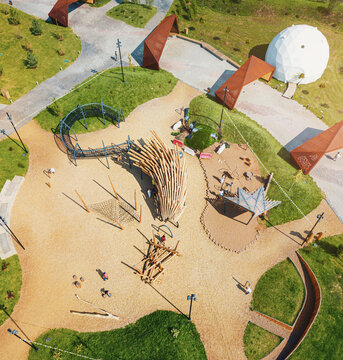 Aerial View Of Big Modern Child Playground In City Park. Urban Development And Leisure Concept