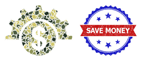 Military camouflage collage of financial industry icon, and bicolor rubber Save Money seal stamp. Vector seal with Save Money title inside red ribbon and blue rosette, scratched bicolored style.