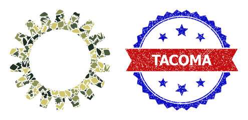 Military camouflage composition of gearwheel icon, and bicolor grunge Tacoma seal. Vector seal with Tacoma text inside red ribbon and blue rosette, unclean bicolored style.