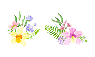 Tropical composition with exotic flowers and leaves set vector illustration