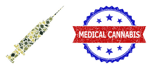 Military camouflage mosaic of syringe icon, and bicolor grunge Medical Cannabis seal stamp. Vector watermark with Medical Cannabis title inside red ribbon and blue rosette, grunge bicolored style.