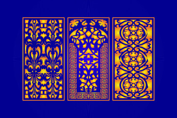 Islamic Decorative Laser Cut Panels Template with Abstract Geometric Texture And Gold Floral Laser