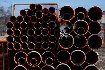 close up sewer pipes prepared for installation.