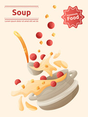 Pot of vegetable soup vector cartoon landing page concept. Stainless saucepan and ladle with fresh chopped veggies. Kitchenware website design.