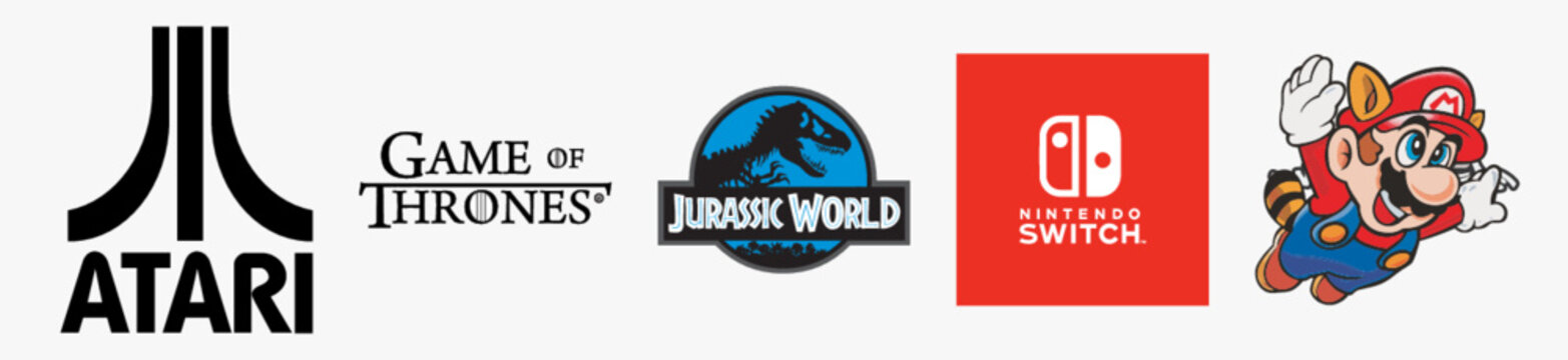 Nintendo Switch logo, Jurassic World logo, Game Of Thrones logo, Atari icon Vector, Super Mario Bros 3 logo. Game vector logo illustration. Isolated vector logo on white background.