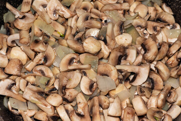 Sliced ​​champignon mushrooms with onions are fried in a frying pan. Texture