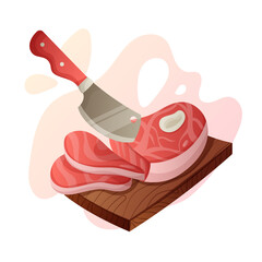 Butcher knife cut steak cartoon vector illustration. Cutting meat, bacon or ham, beef or pork.