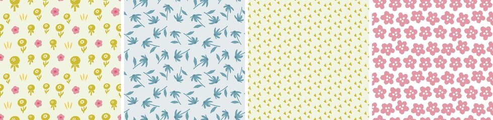 Set of seamless patterns in cutout style. Vector backgrounds
