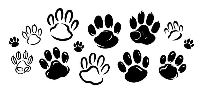 Pet paw black prints. Animals symbol. Vector icon set
