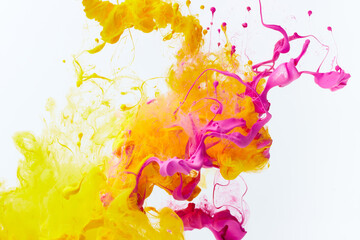 Pink and yellow paint splash in water on gray. Acrylic ink drop background. Abstract colors swirl...