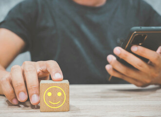 Customer Experience Concept. Icon Smile Happy Client giving Positive Review.service satisfaction concept.