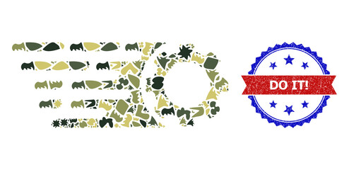 Military camouflage composition of rush gear icon, and bicolor dirty Do It! seal stamp. Vector seal with Do It! text inside red ribbon and blue rosette, grunge bicolored style.