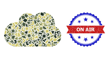 Military camouflage mosaic of cloud icon, and bicolor scratched On Air watermark. Vector watermark with On Air tag inside red ribbon and blue rosette, distress bicolored style.