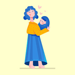 Vector illustration of a mother holding a small child in her arms. Mother's Day greeting card