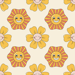 Seamless vector pattern with cartoon flower and sun. Retro style smiling characters. Vintage groovy background for design and print