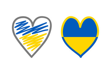 Flag of Ukraine. Different versions. Ukrainian flag in heart shapes on isolated background