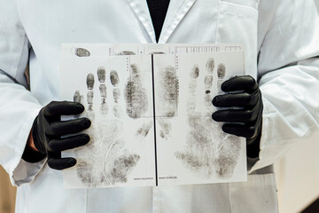 Police scientist specialist with the fingerprints of a criminal on the cardboard with ink.