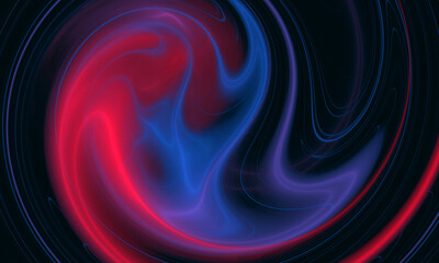 Abstract geometric 3d twirl of red blue smoke in deep dark space. Festive decorative design. Great as cover print for electronics, creative backdrops, splash screen, art.