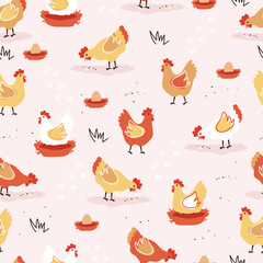 Seamless repeating pattern with hens, nests and eggs in nest. Vector illustration