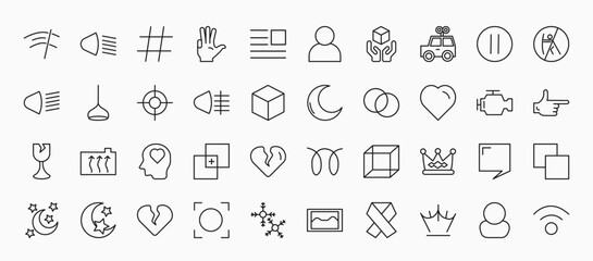 set of 40 shapes icons in outline style. thin line icons such as winshield wiper, hash key, toys, no push, focus button, clear night, black heart, lover, royalty, heartbreak, reign, character © IconArt