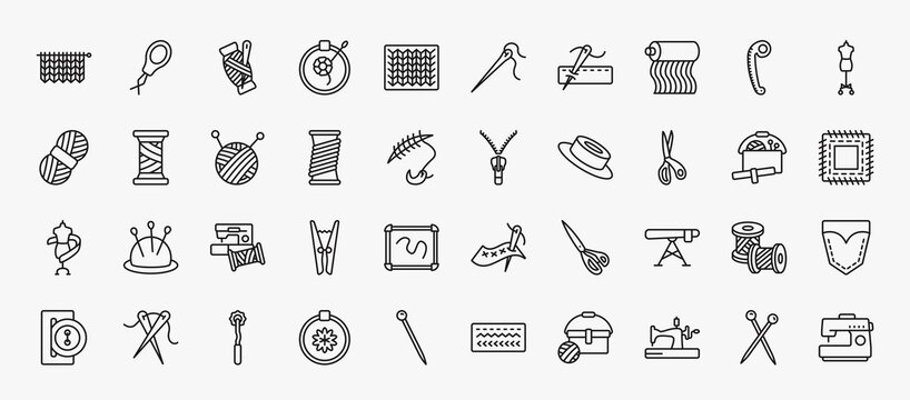 set of 40 sew icons in outline style. thin line icons such as hand craft, threads, fabrics, mannequin, ball of wool, slide fastener, cutting tool, sewing clip art, ironing board, overstitch, old